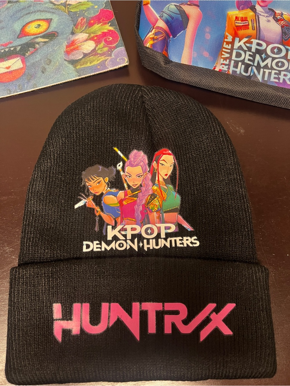 NWOT Kids Black Beanie Hat with Pink HUNTRX Logo & 2 accessory bags - Picture 3 of 7